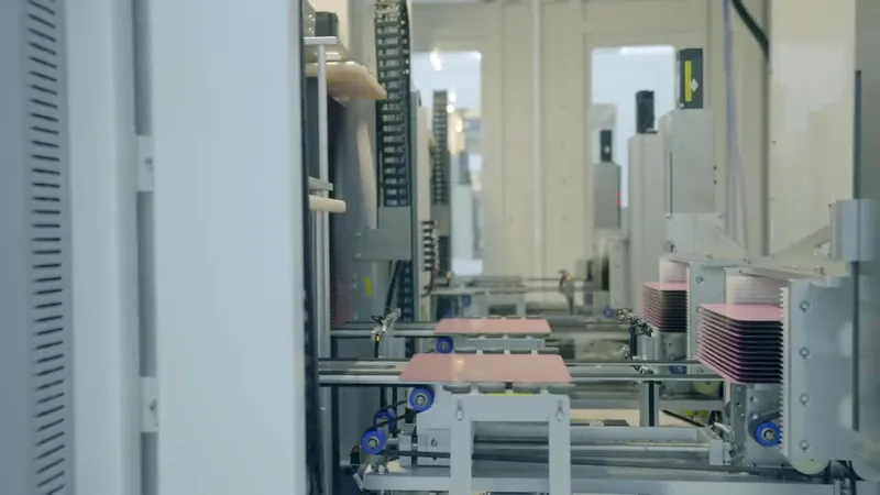 Automated conveyors move electronic panels between enclosed manufacturing stations.